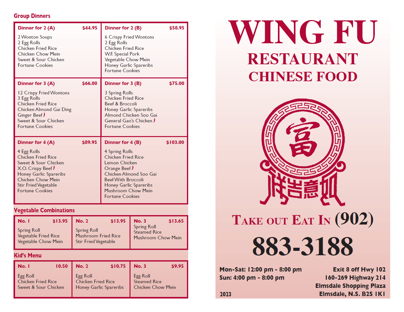 Wing Fu menu page 1: Group dinners and family meals
